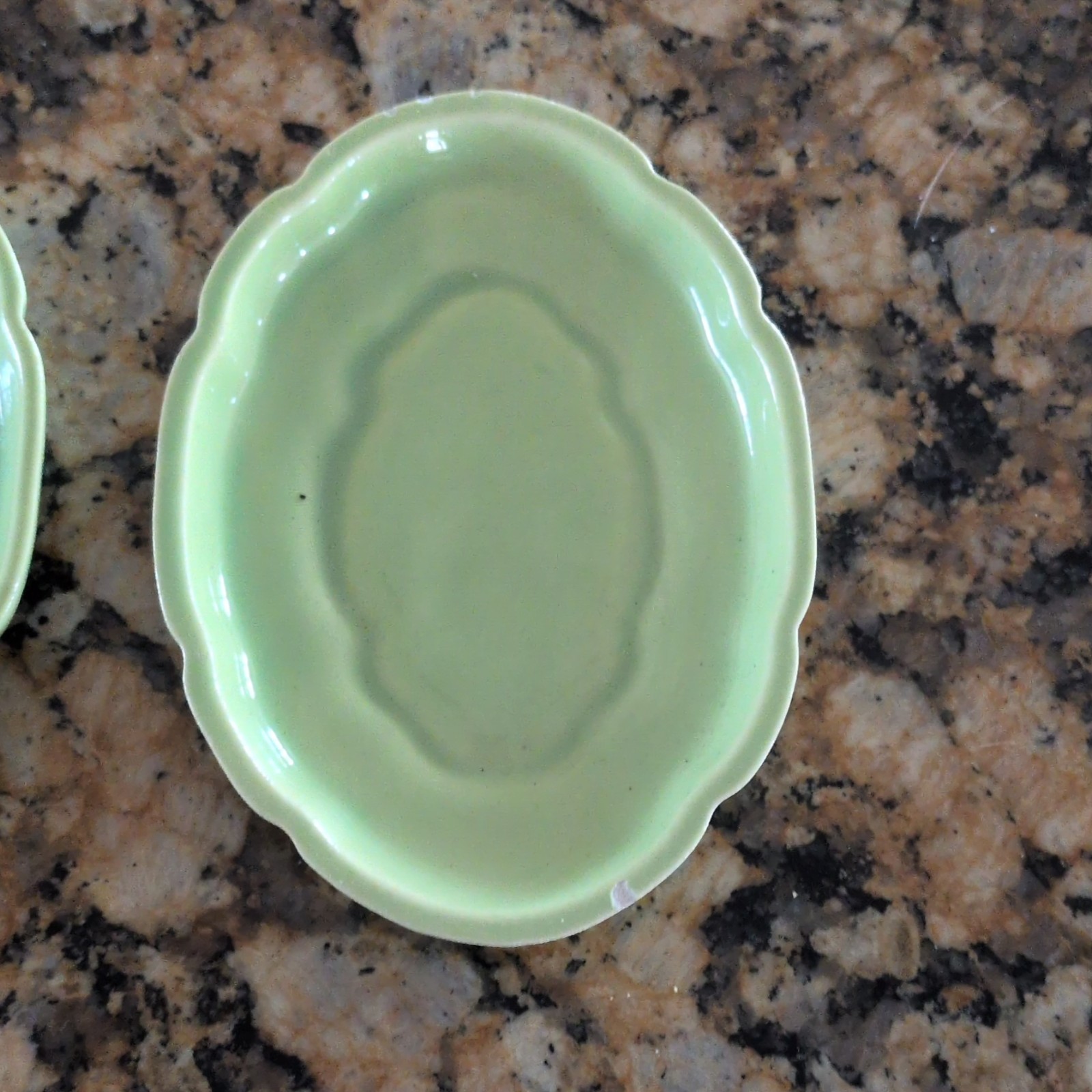 Green Solid Ceramic Oval Scalloped Dishes Set of 2 Glossy 5 x 3.5 in