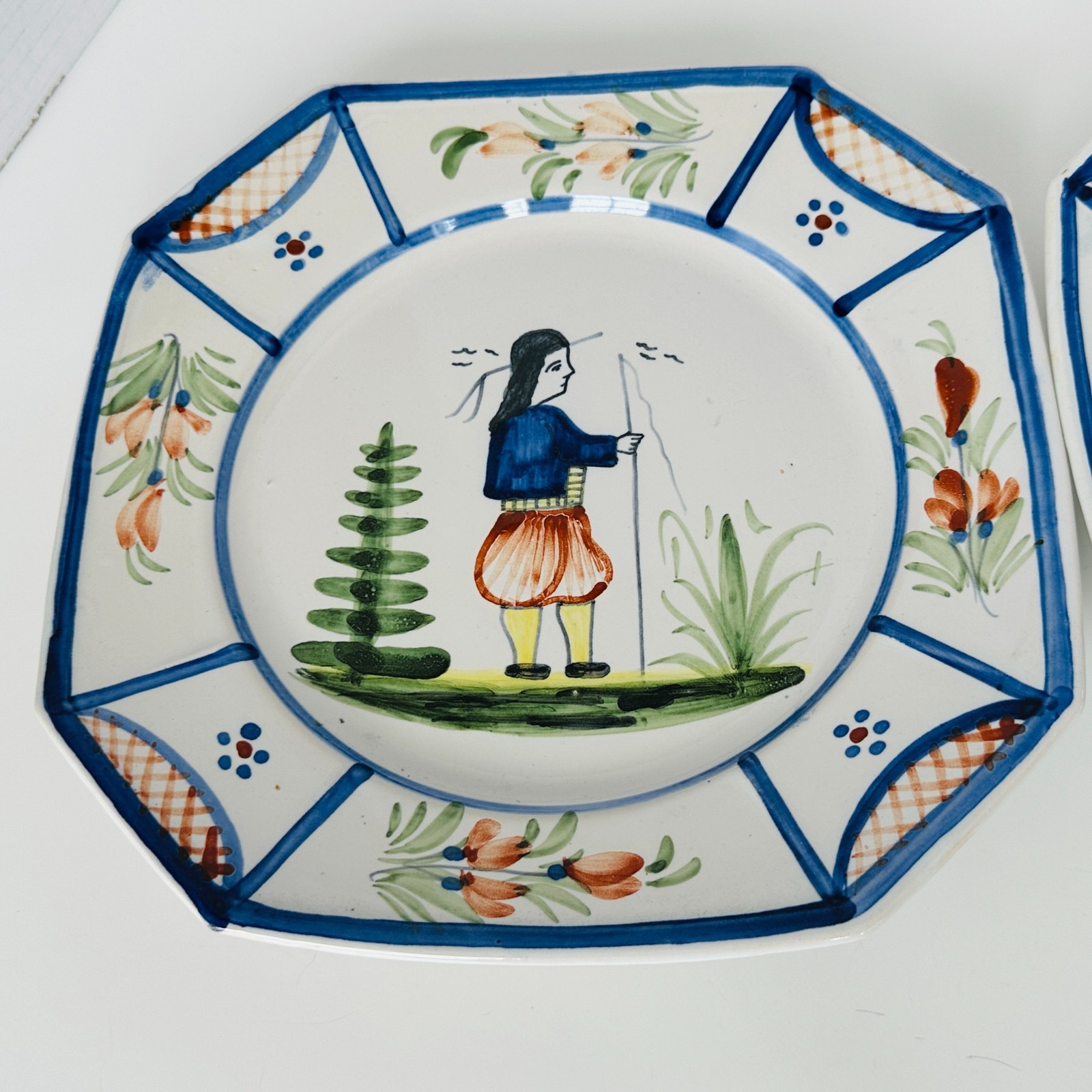 HB Quimper MISTRAL BLUE Matched Set 2 Octagonal Luncheon Plates 9.25″
