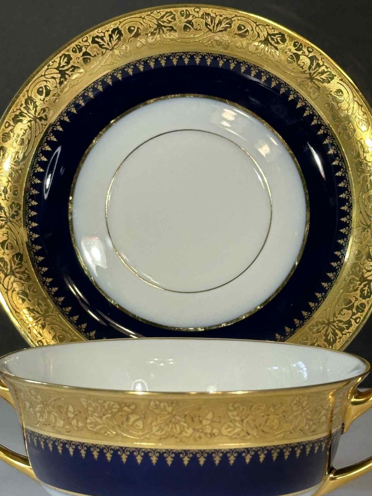 Antique P. Porschaud Limoges France Consommé Cup & Saucer Cobalt Blue Heavy Gilt