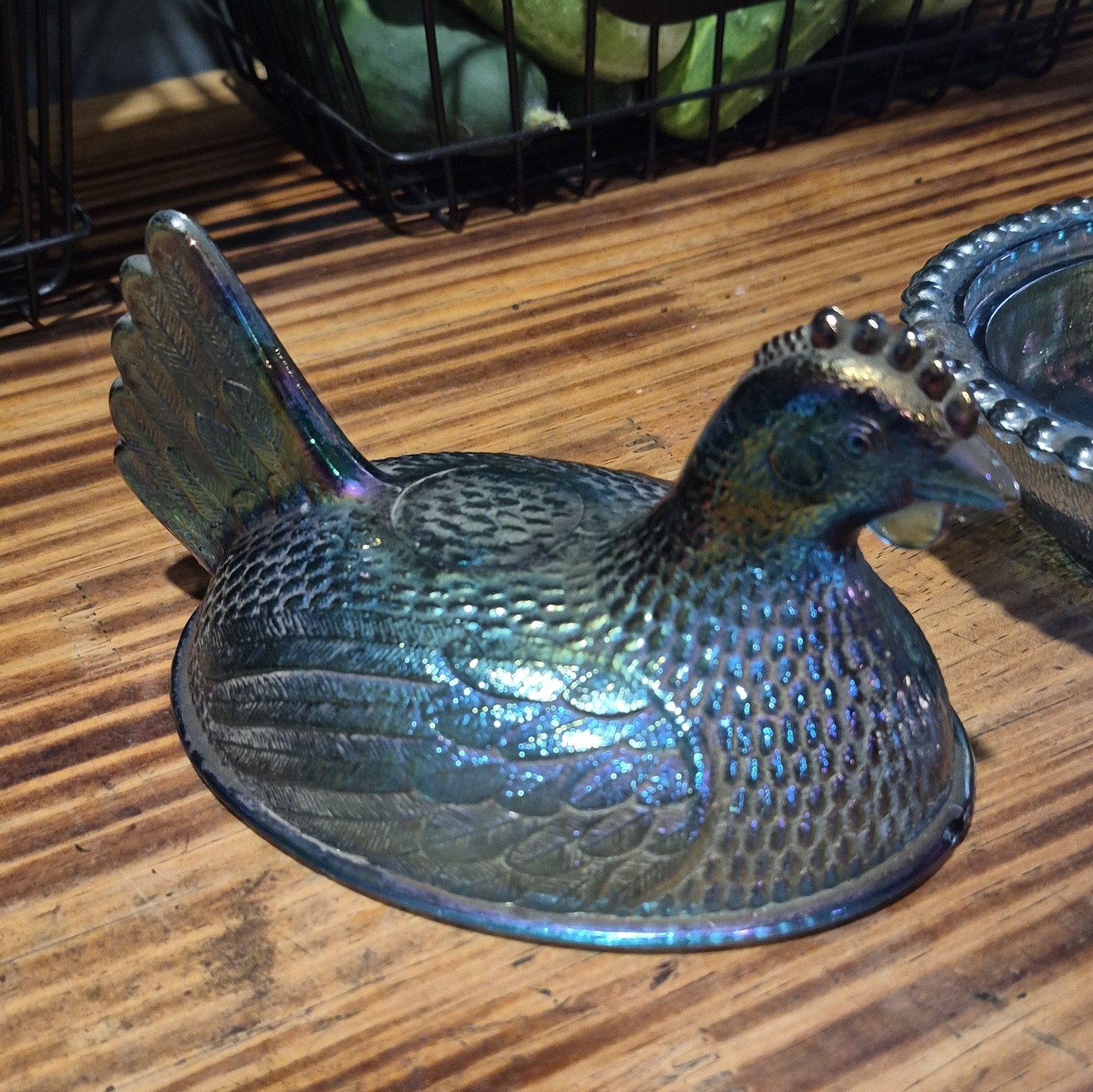 Blue Iridescent Carnival Glass Hen on Nest Covered Dish Set w/ Lid, 2pc