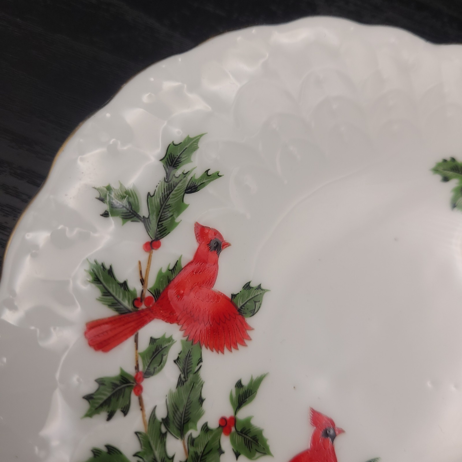 Vintage 1988 Lefton Bone China Red Cardinals & Holly Trinket Dish