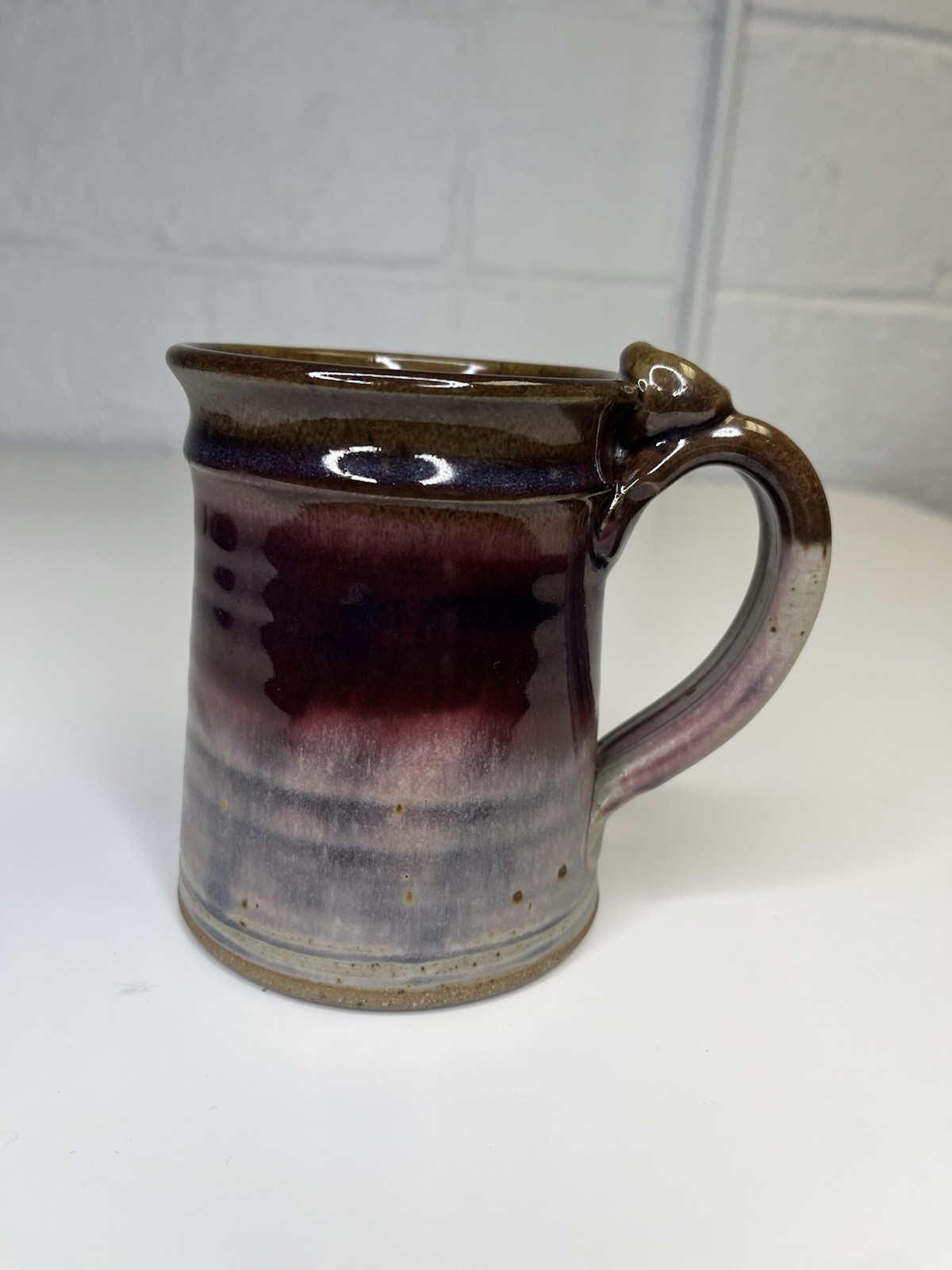 Nichols Pottery Stoneware Mug Variegated Drip Glaze Red Ivory Brown Thumb Rest