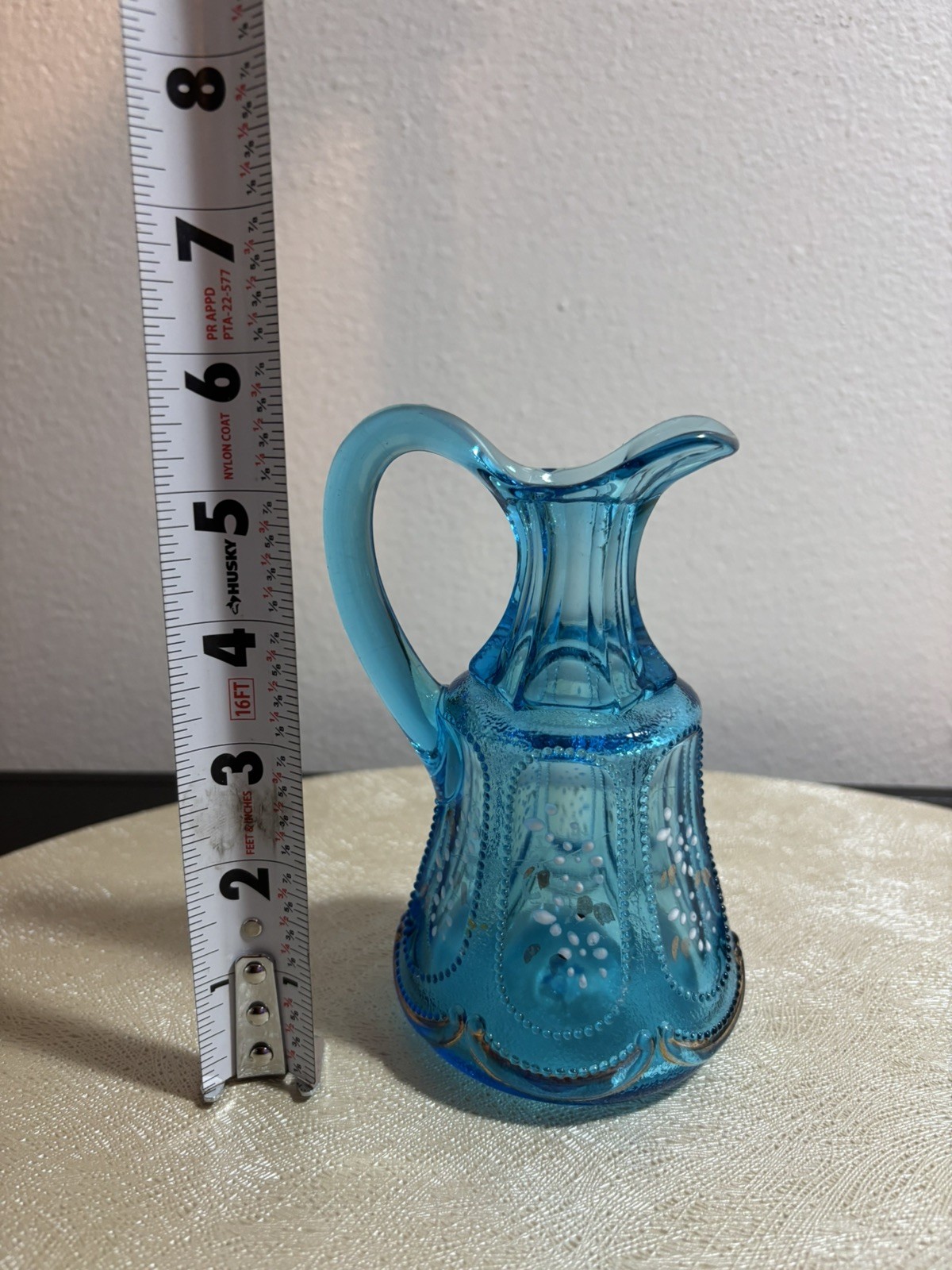 BEAUTIFUL CORNFLOWER BLUE COLORED GLASS HANDLED CRUET 1905 ERA hand painted
