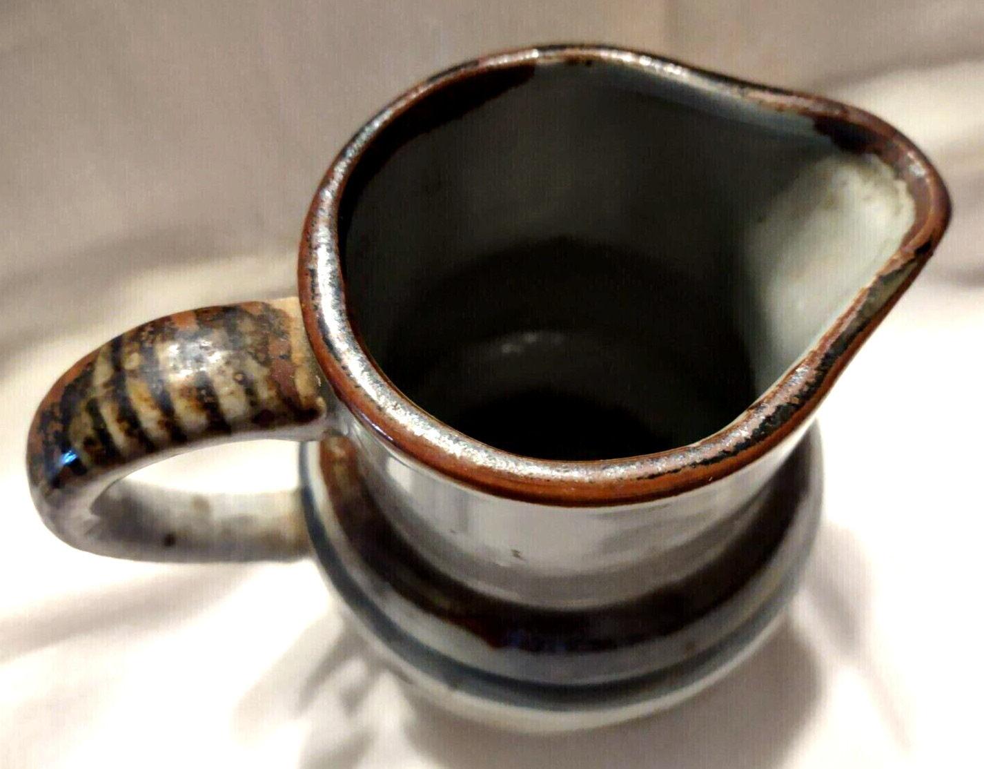4″ Pottery Pitcher Ceramic Unmarked Grey Blue Brown Stripes Glaze Earthenware