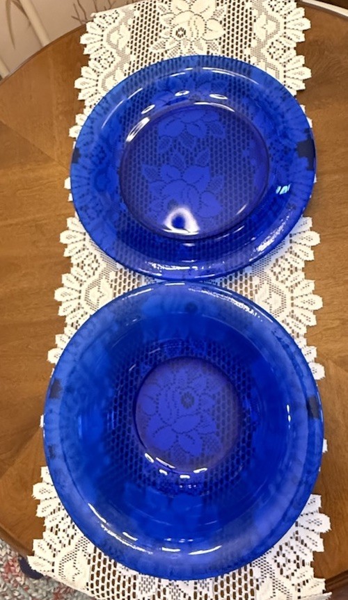 VTG Italy Cobalt Blue Texture Glass Centerpiece Set 15” Platter 13” Serving Bowl