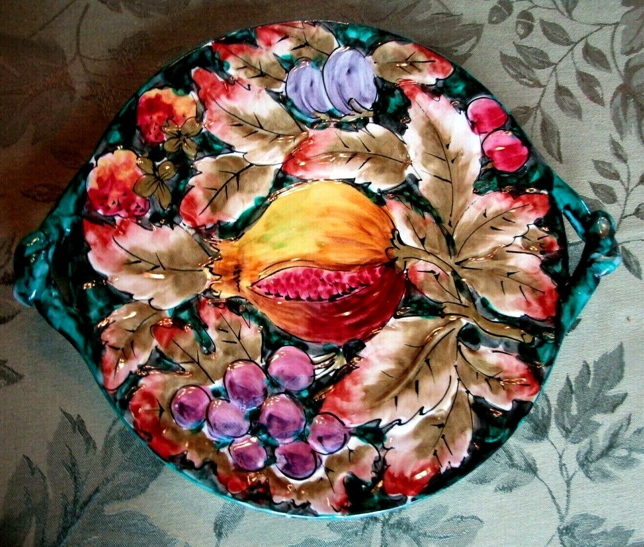 Vintage embossed plate with handles painted with Fruit and Leaves Made in Italy