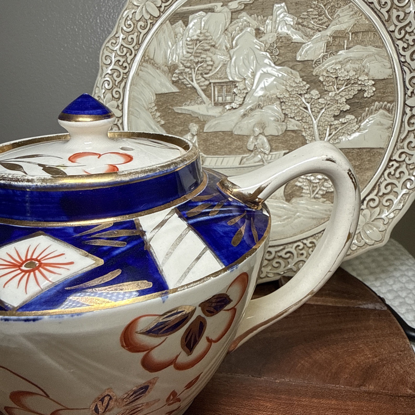 Sadler England Imari Floral Teapot Blue Rust Red Gold 10” Lid Chip Vintage
