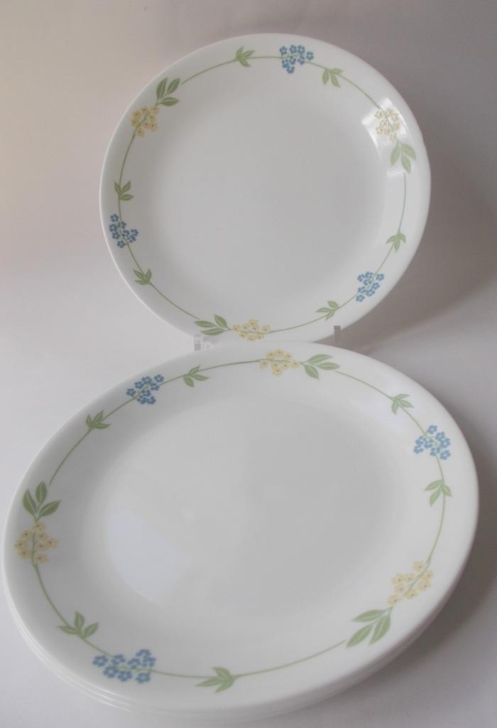 4 Corelle Secret Garden 10 1/4″ Dinner Plates by Corning Blue & Yellow Flowers