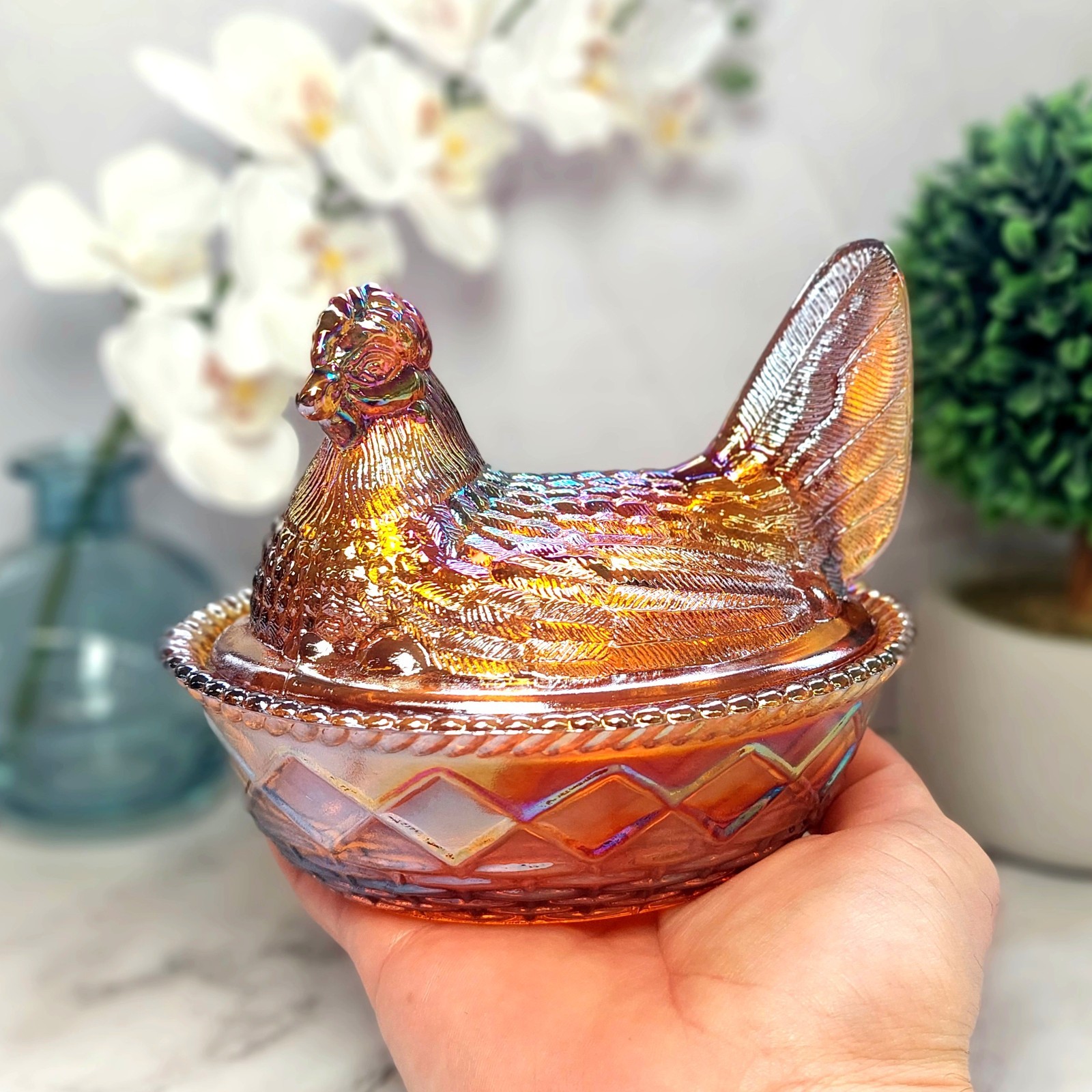 Golden Amber Carnival Glass Hen on Nest Chicken Candy Dish, Depression Style