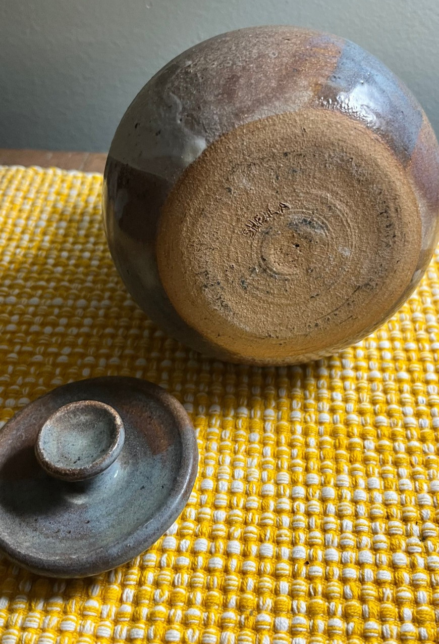 Stoneware Pottery Lidded Ceramic Jar Colored w/Brown, Tan Grey Glaze