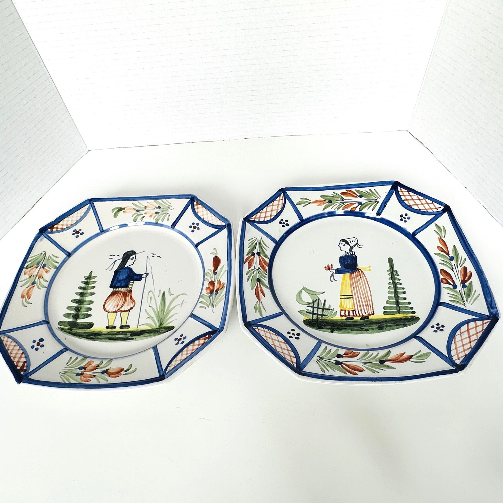 HB Quimper MISTRAL BLUE Matched Set 2 Octagonal Luncheon Plates 9.25″