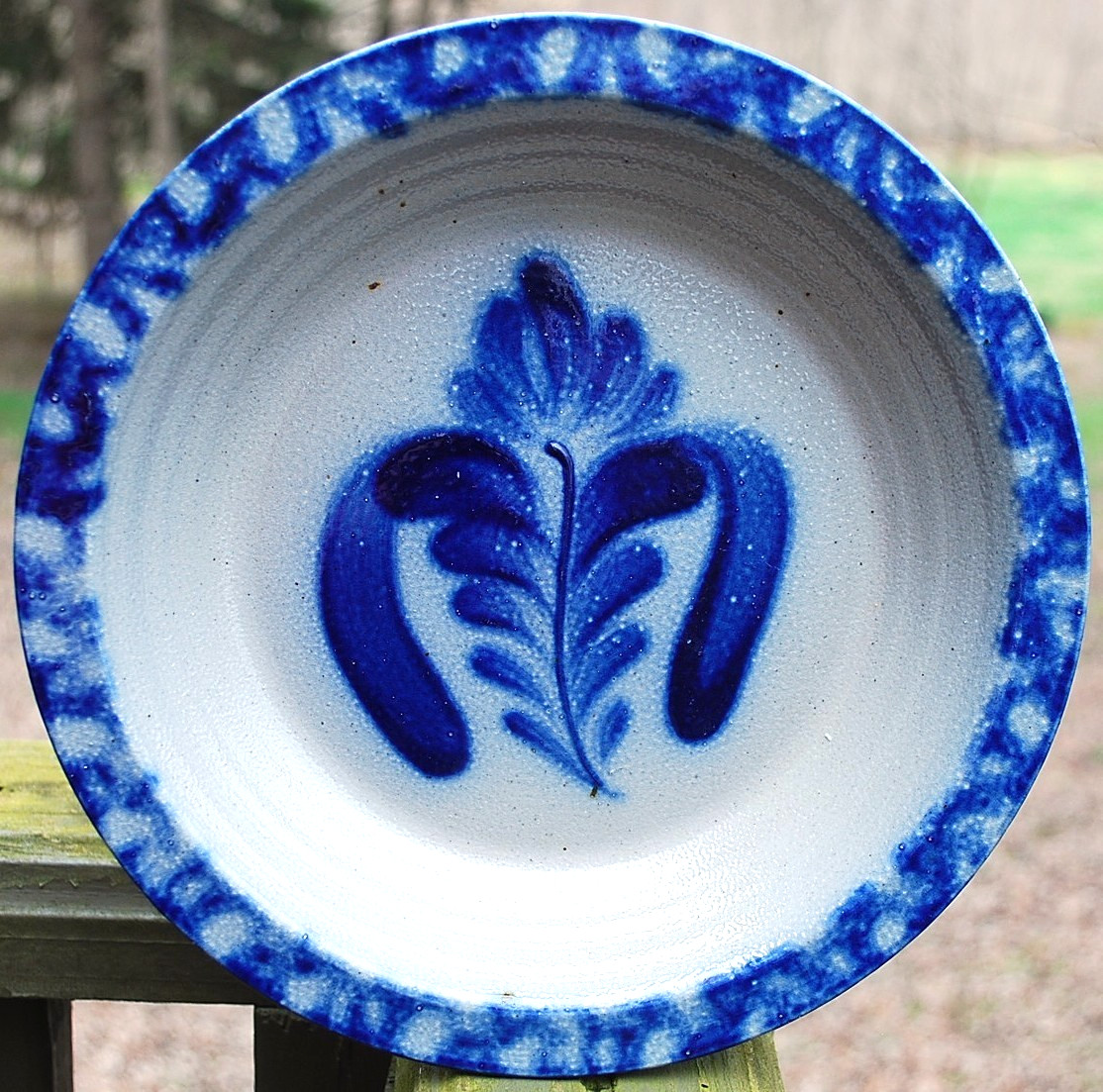 Vtg Studio Handcrafted FOLK ART Pottery Dish/Plate BLUE SALT GLAZE Signed Dated
