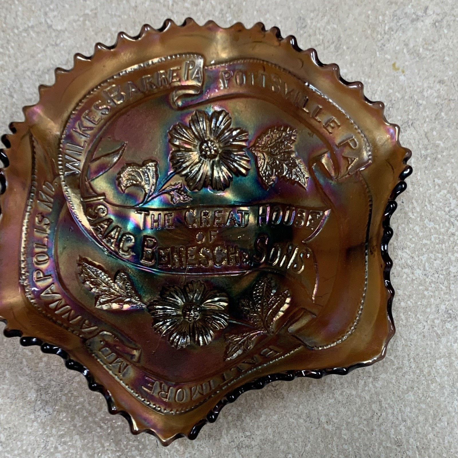 Carnival Glass Scalloped Advertising Bowl Isaac Benesch Sons 6”amethyst