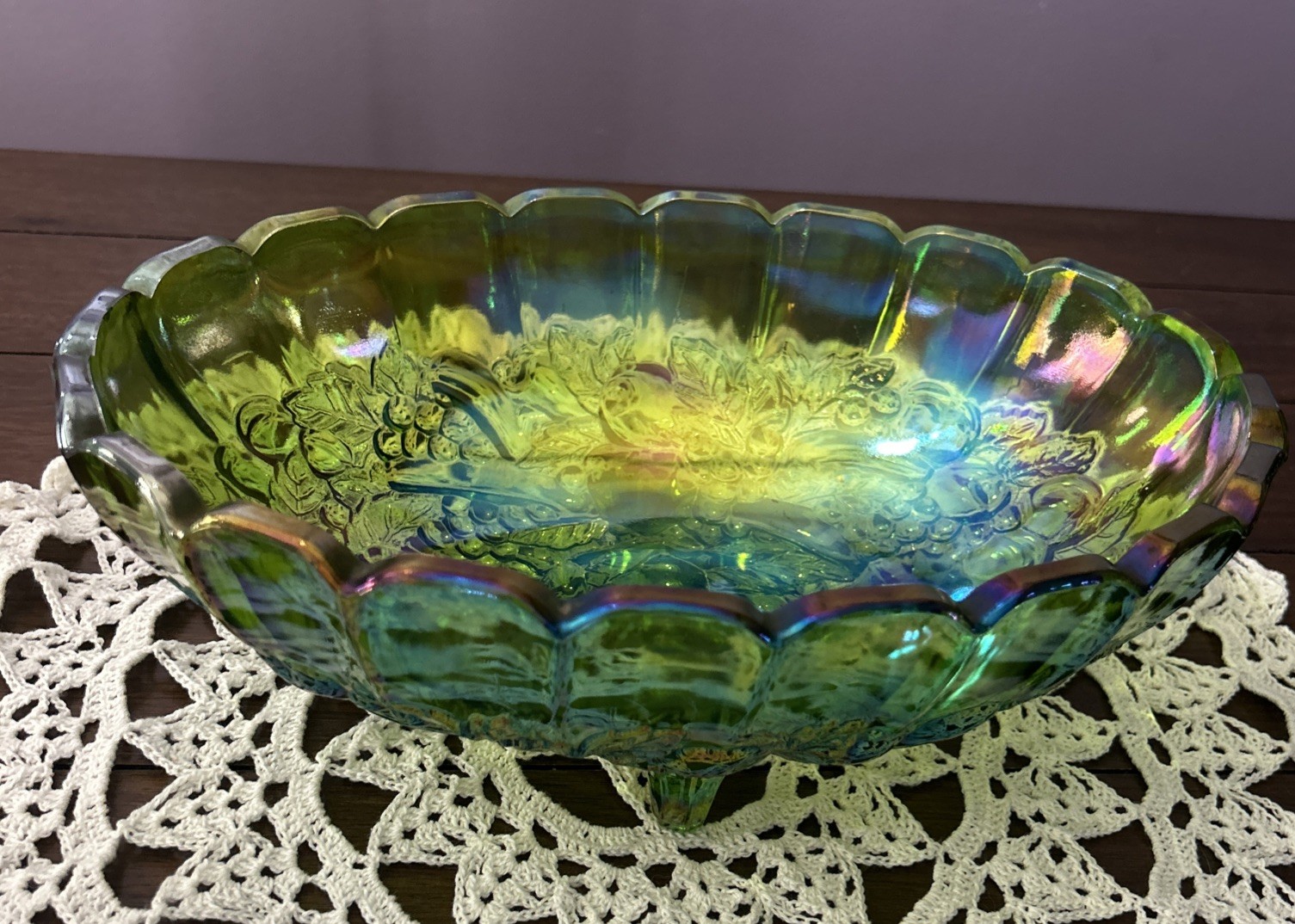 Vintage Indiana Glass Iridescent Green Carnival Glass Footed Oval Fruit Bowl 12”