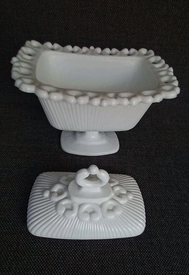 Westmoreland DORIC Ribbed Open Lace Milk Glass Pedestal Compote Bowl with Lid