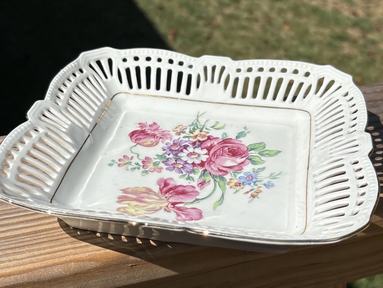 BJL German Floral Dish Hand Painted Vintage Reticulated Porcelain Square 7.75 in