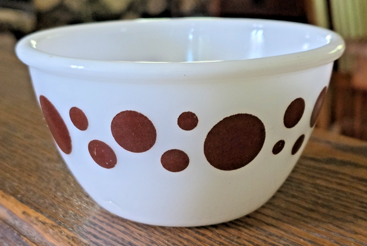1950s Hazel Atlas Brown Polka Dots Nesting Mixing Bowl, Retro 4.5″ VGC!