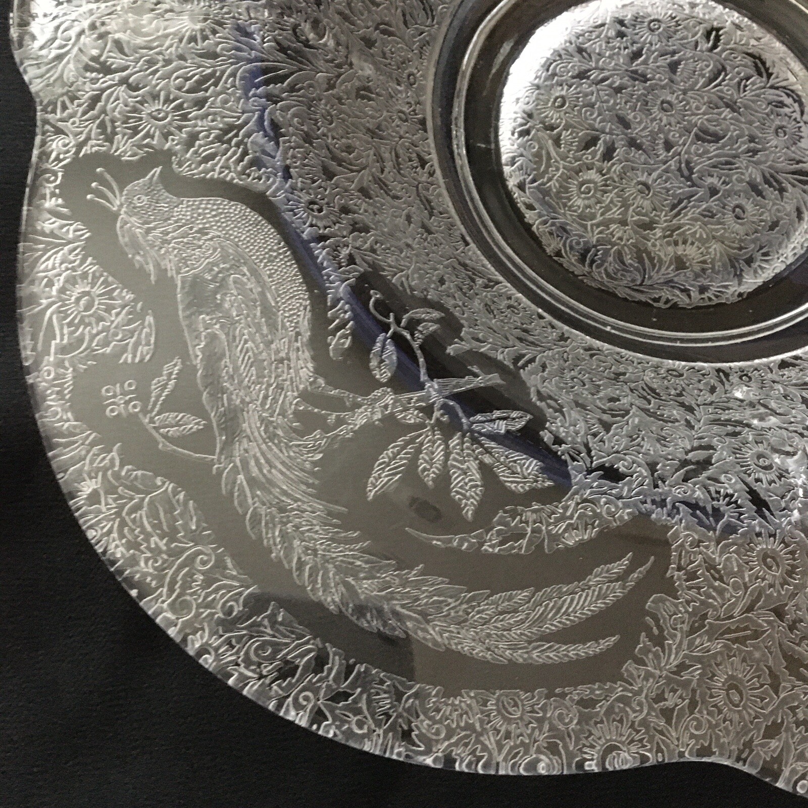 Paden City Glass Sasha Bird Etched Pattern CONSOLE BOWL Clear Vintage 1930s 12”