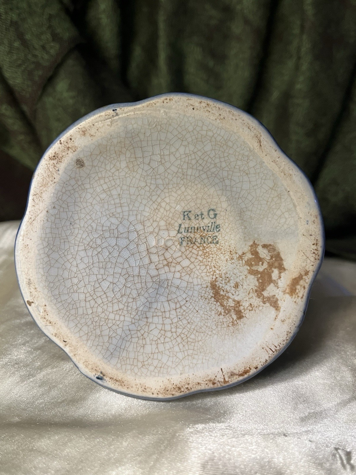 K et G Lunéville Blue White Gold Ceramic Floral Decorative Pitcher France