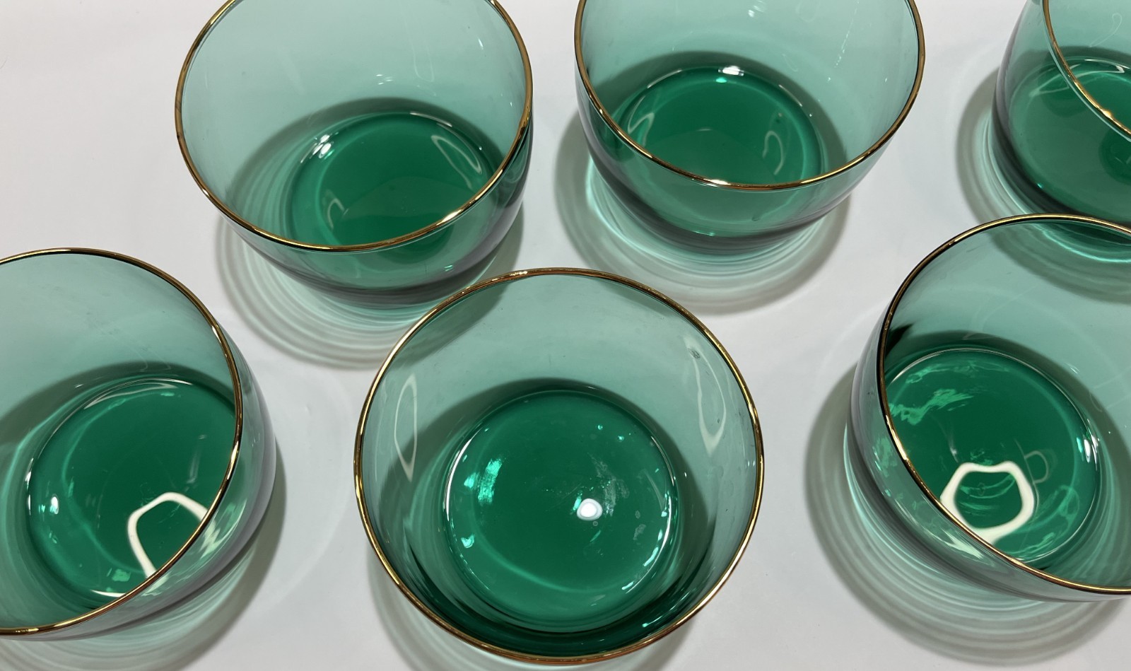 Set of 6 Libbey Teardrop Juniper Green Gold Trim Fruit Dessert Bowls 4.25″