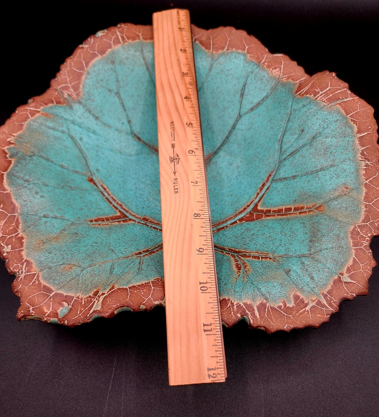 Large Studio Art Pottery Turquoise Maple Leaf Bowl Serving Dish 2007 SIGNED