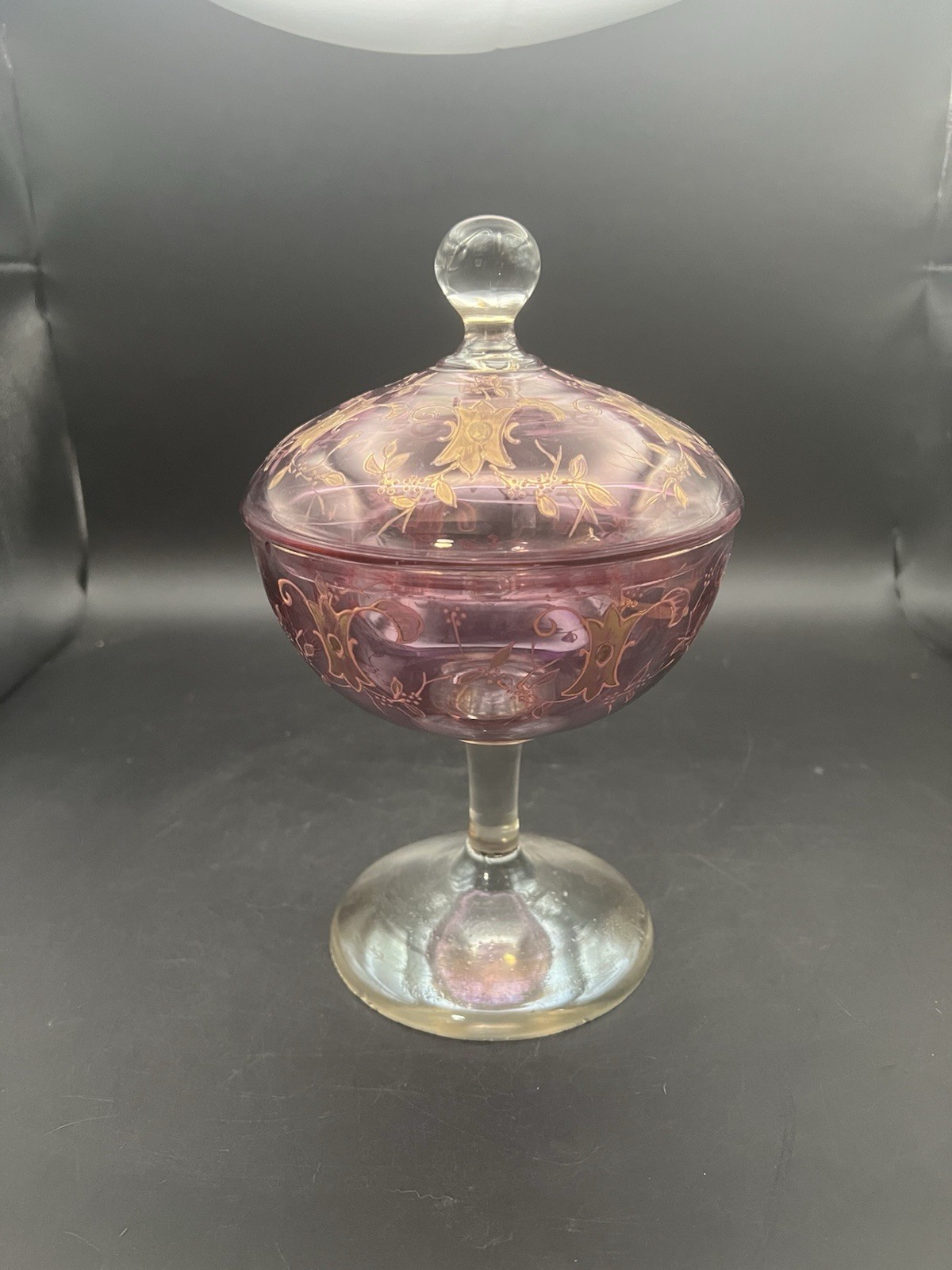Cranberry Glass Candy Dish Bohemian Czech Lidded Pedestal Gold Details Vintage