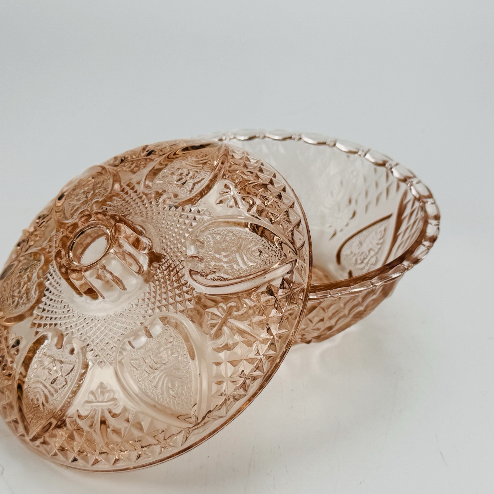Vintage Covered Candy Dish Clear Pressed Glass Hearts and Roses