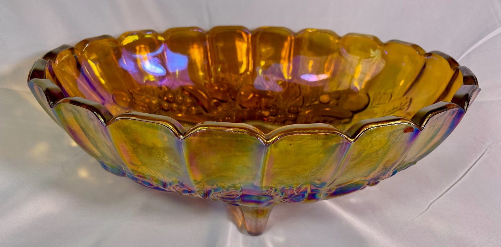 Vintage Carnival Glass Amber Iridescent Fruit Bowl 12” LG Footed Oval Indiana