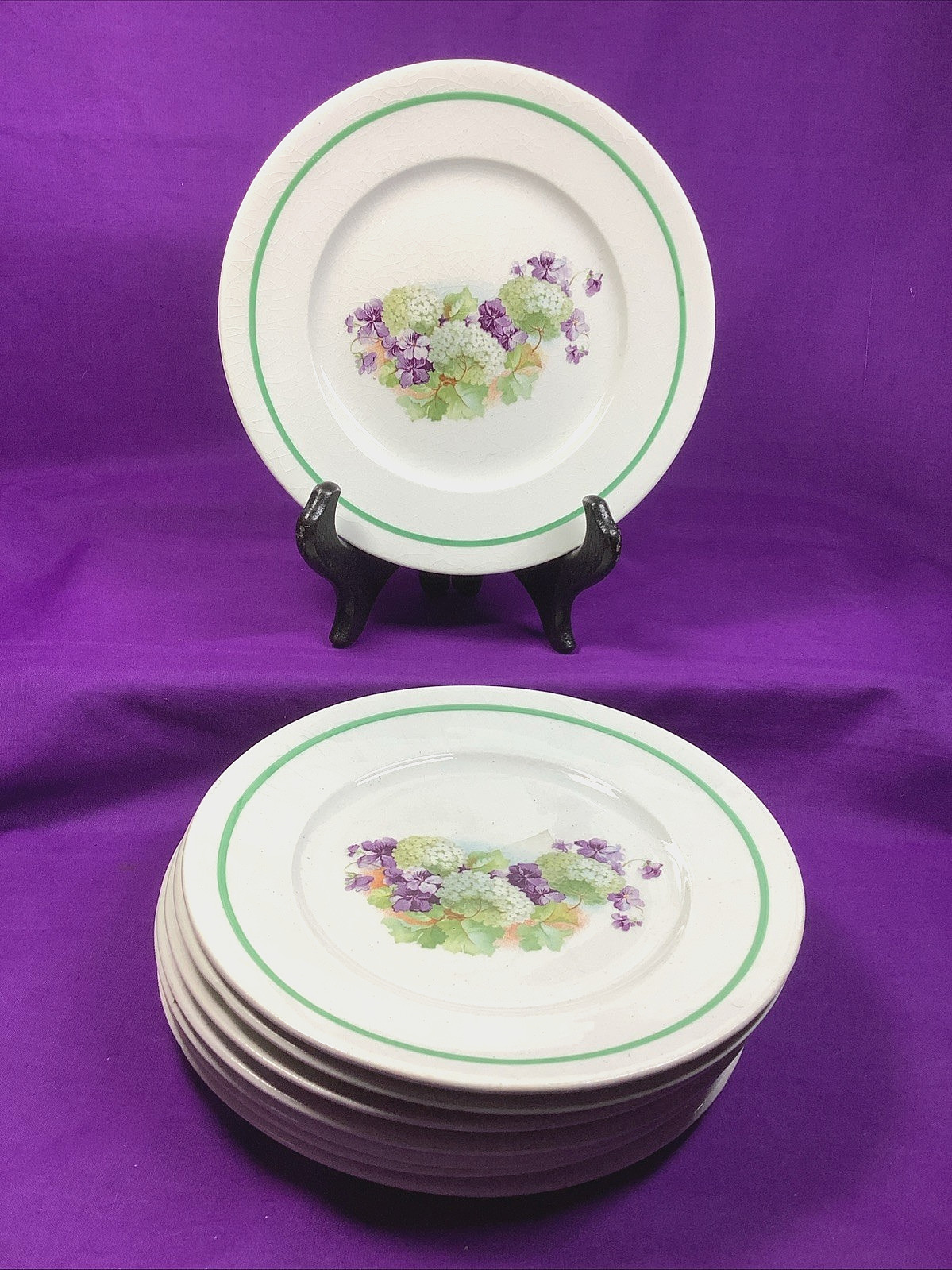 Set 8 Antique Semi Porcelain 6 1/4” Dessert Plates Hydrangea & Violets 410