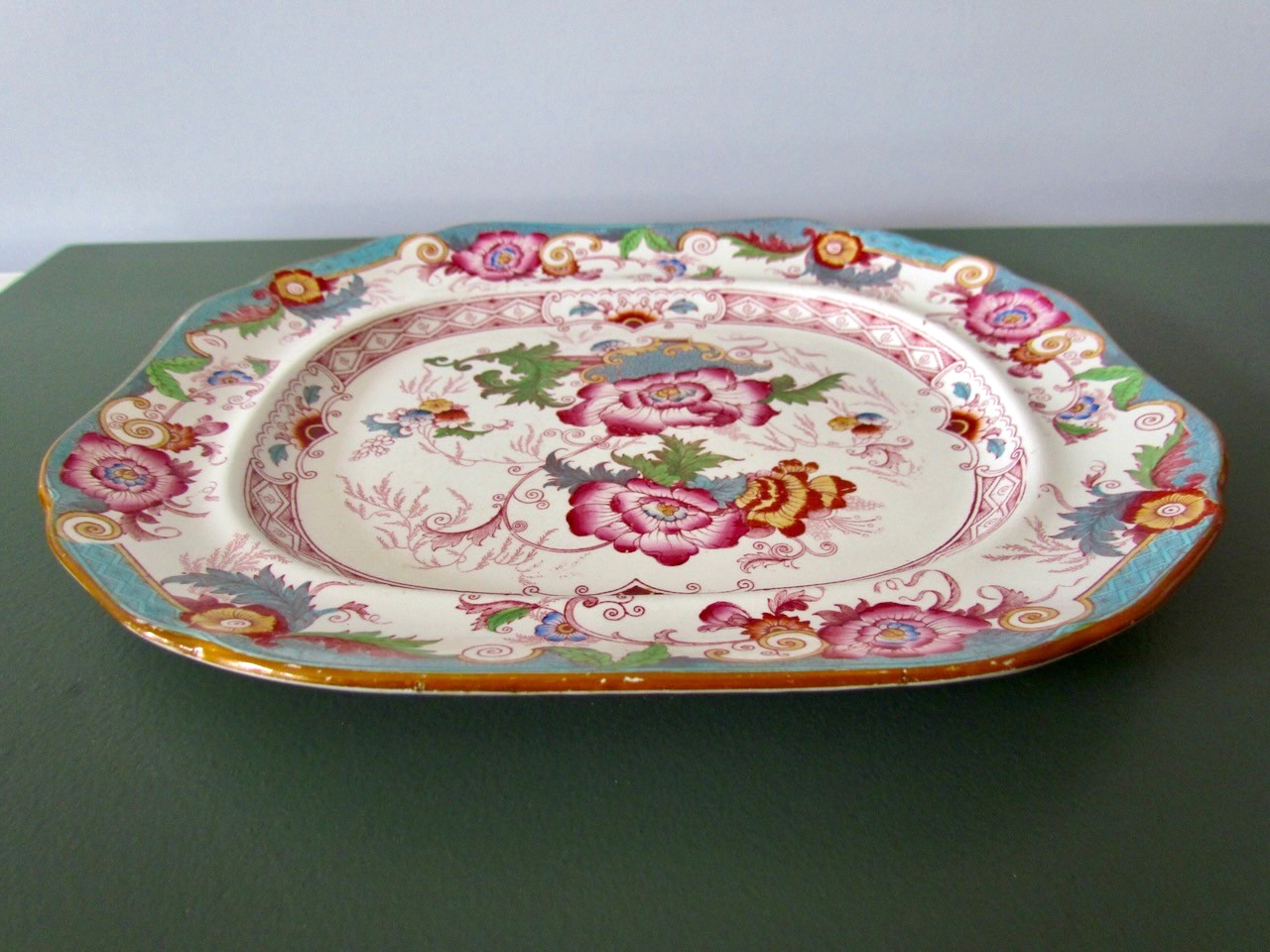 Antique Cauldon Large Platter Bentinck Turquoise Floral Transferware England