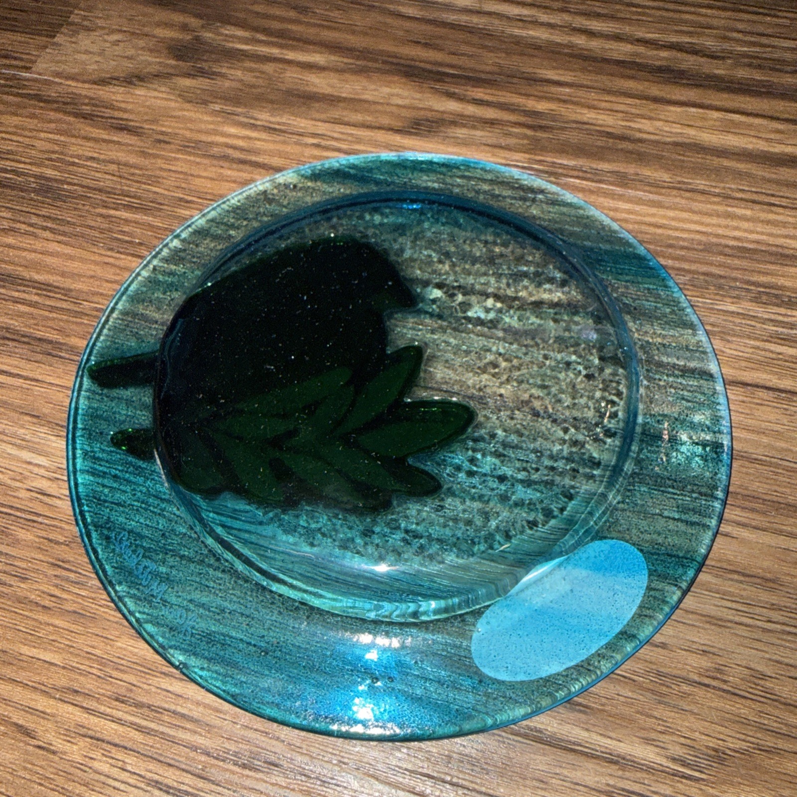 Fused Glass Blue-Green Plate w/ Blue-Orange Bird JAN R. MITCHELL Virgin Island