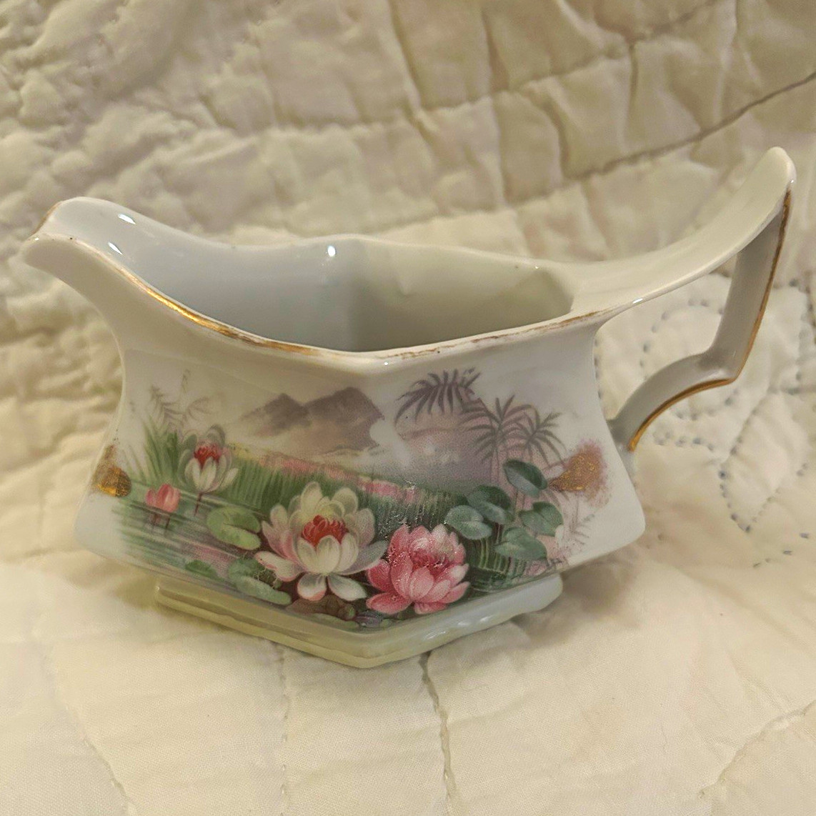 Porcelain Floral Gravy Boat, Hexagon Shape, White Pink Green, 6 in Glossy