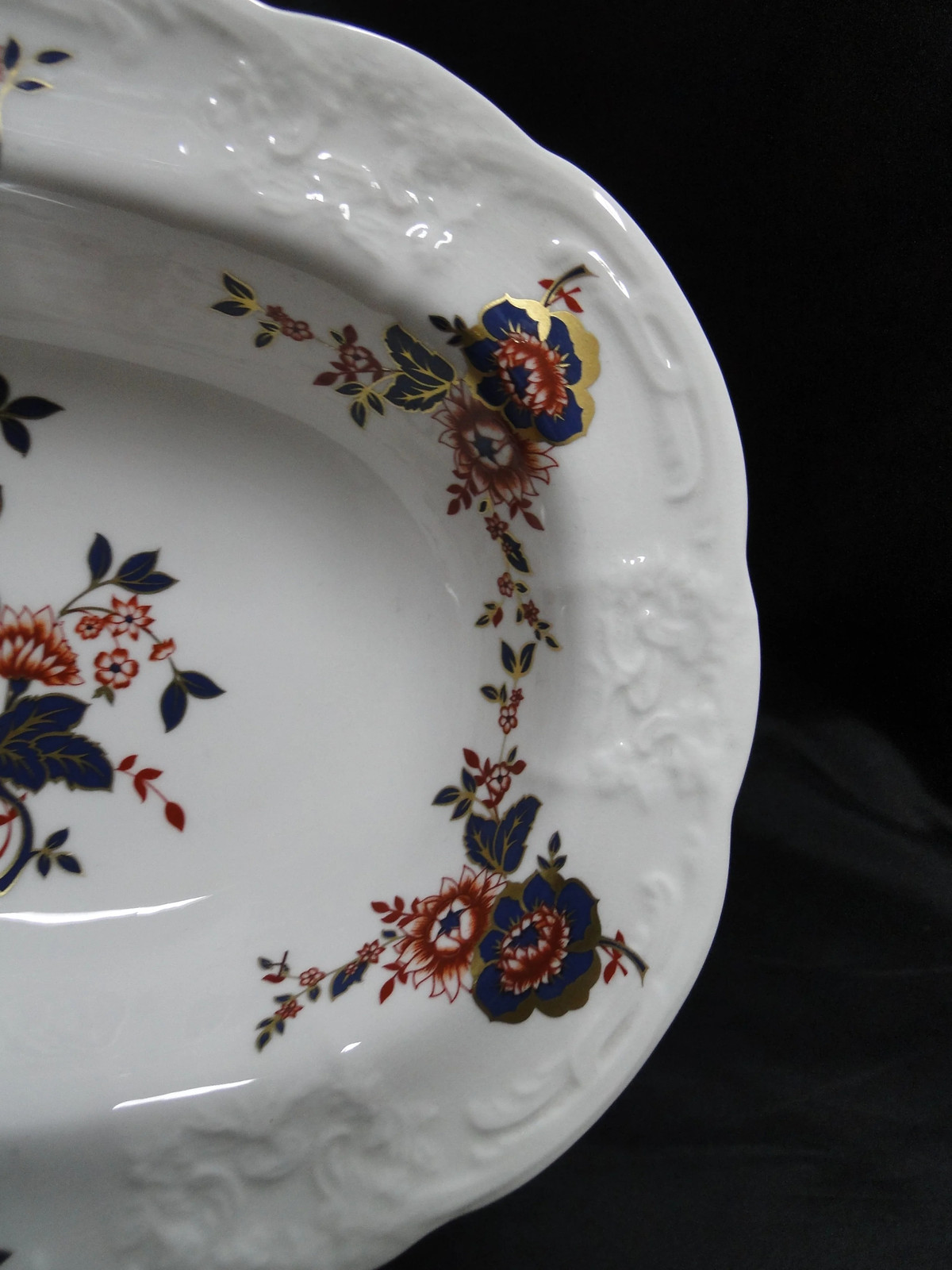 Coalport St Louis, White w/ Blue, Rust, Gold: Oval Serving Bowl, 9 3/8″