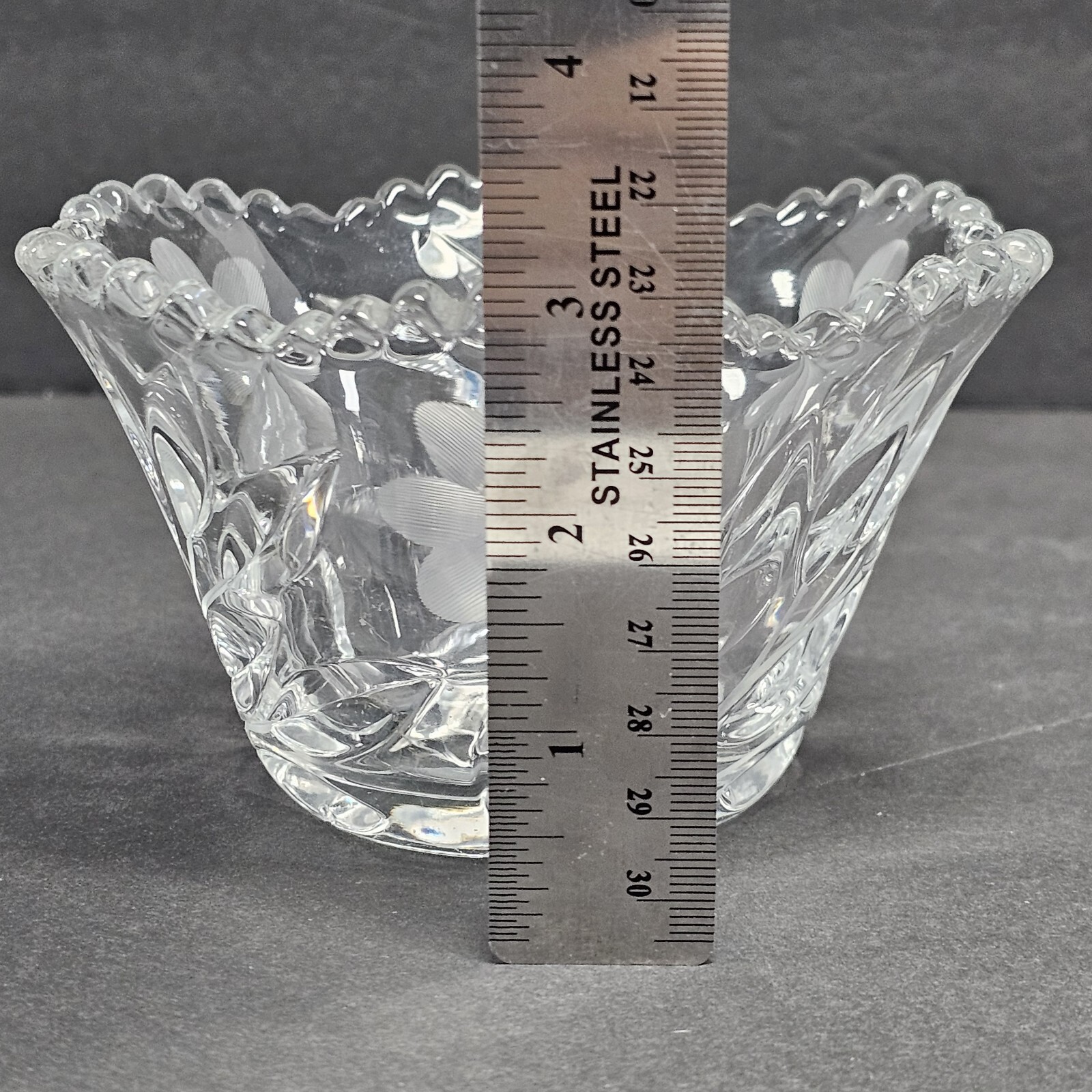 Lead Crystal Bowl Candy Nut Dish Etched Flowers Scalloped Edge Star Bottom