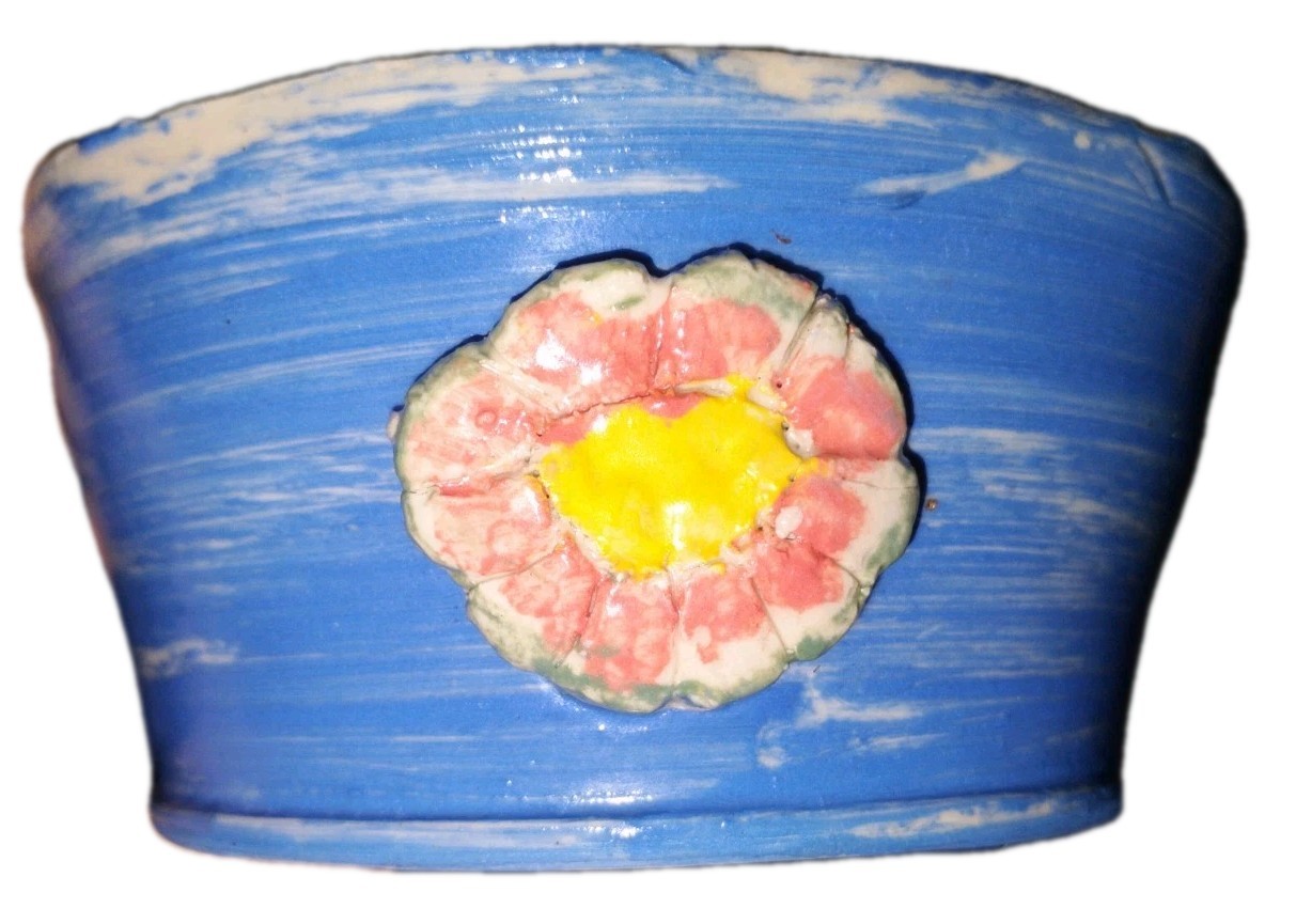 Blue Hand Made Pottery Bowl with Pink,Yellow Flowers & Bee motif 5inch