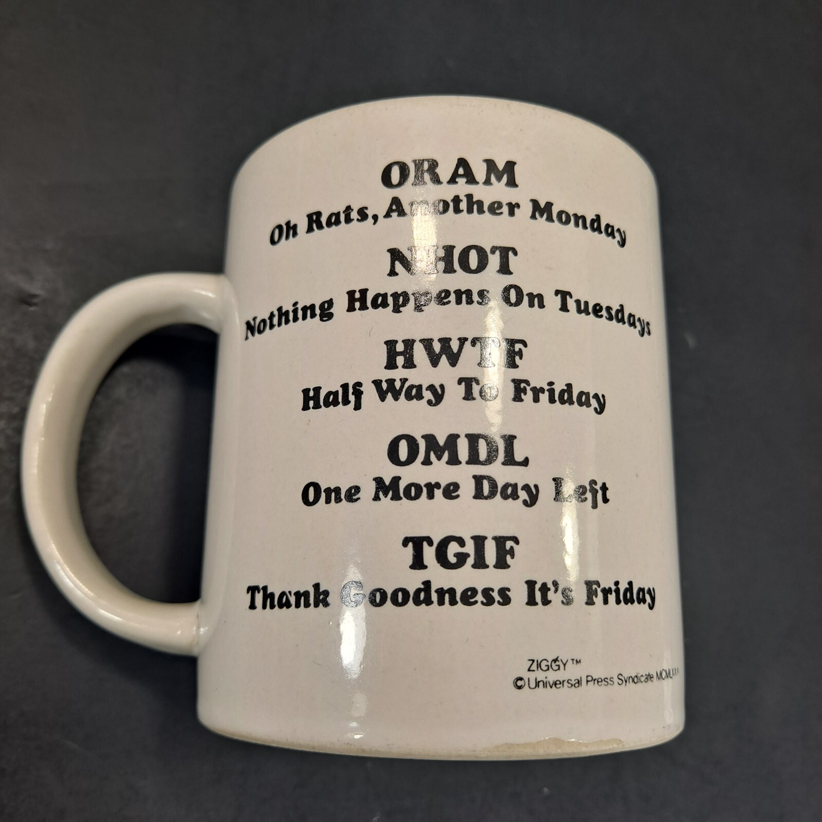 1980 Tom Wilson Ziggy Mug TGIF Thank Goodness It’s Full Coffee Cup Mug Comic VTG