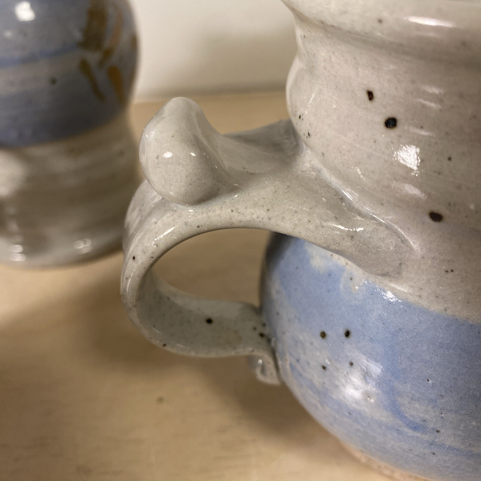 4 Beautiful Handmade Pottery Coffee Cups Signed Blue Brown White Tan E.C.