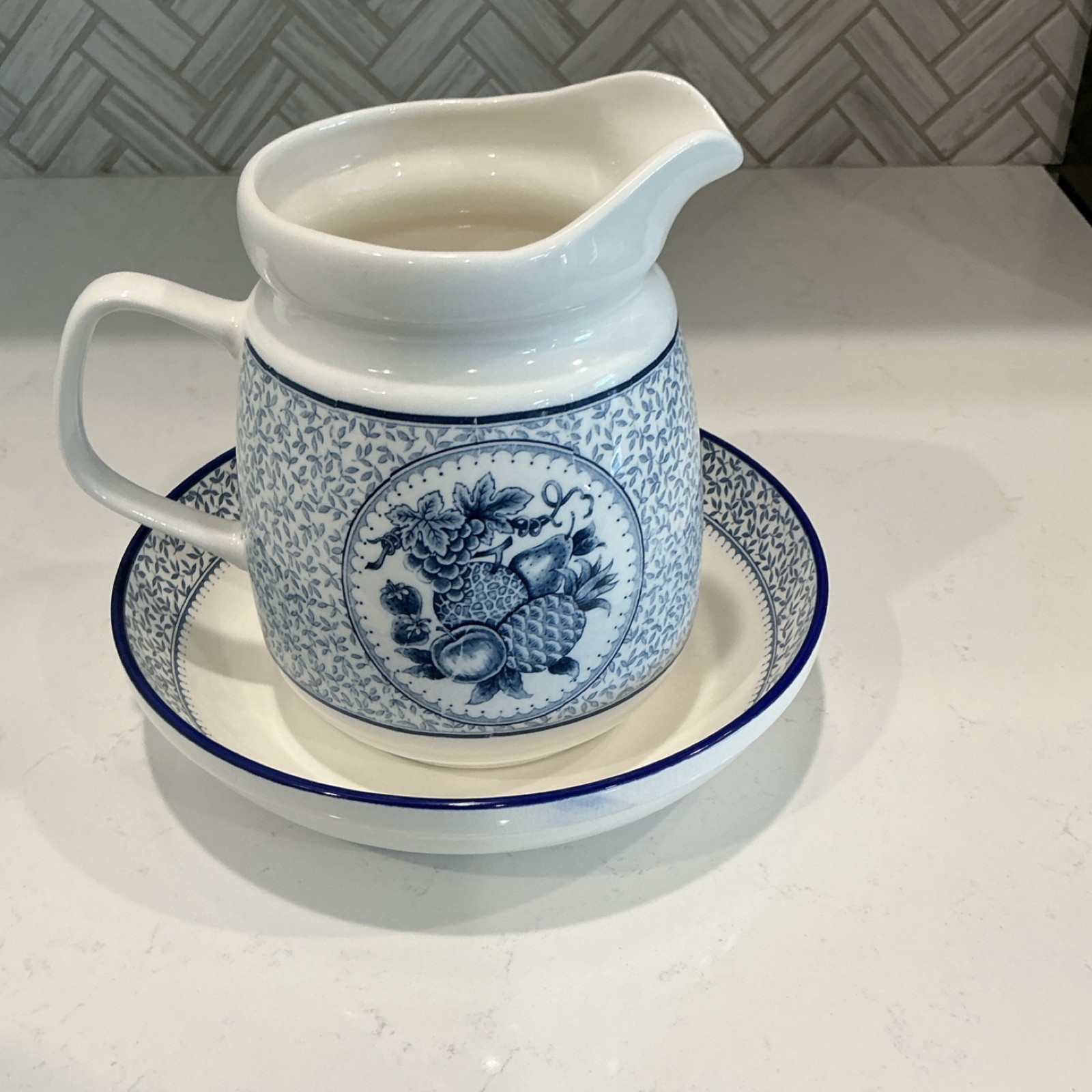 Blue & White Floral Ceramic Handled Pitcher/Creamer w/ Round Saucer Set (2)
