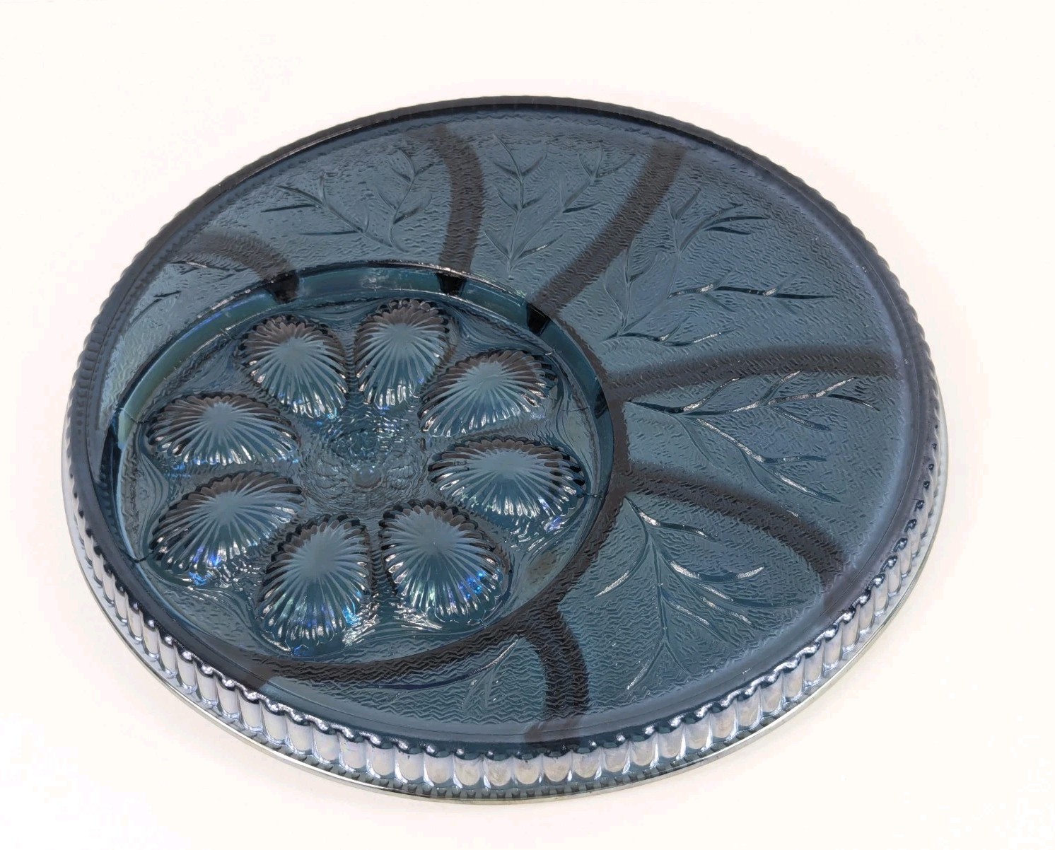 Vintage Indiana Glass Blue Carnival Deviled Egg Relish Tray Platter Iridescent