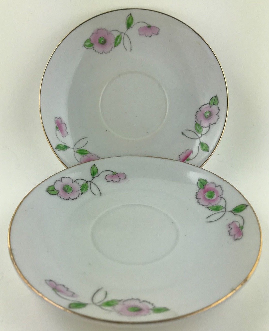 2 Pink Floral Print Saucers Gold Trim Made In Occupied Japan Antique A10-10