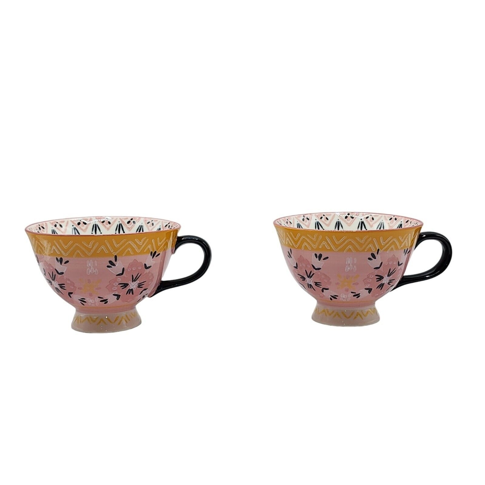 Bloom Pottery Set of 2 Pedestal Ceramic Tea Cups Coffee Mug Hand-Painted Floral
