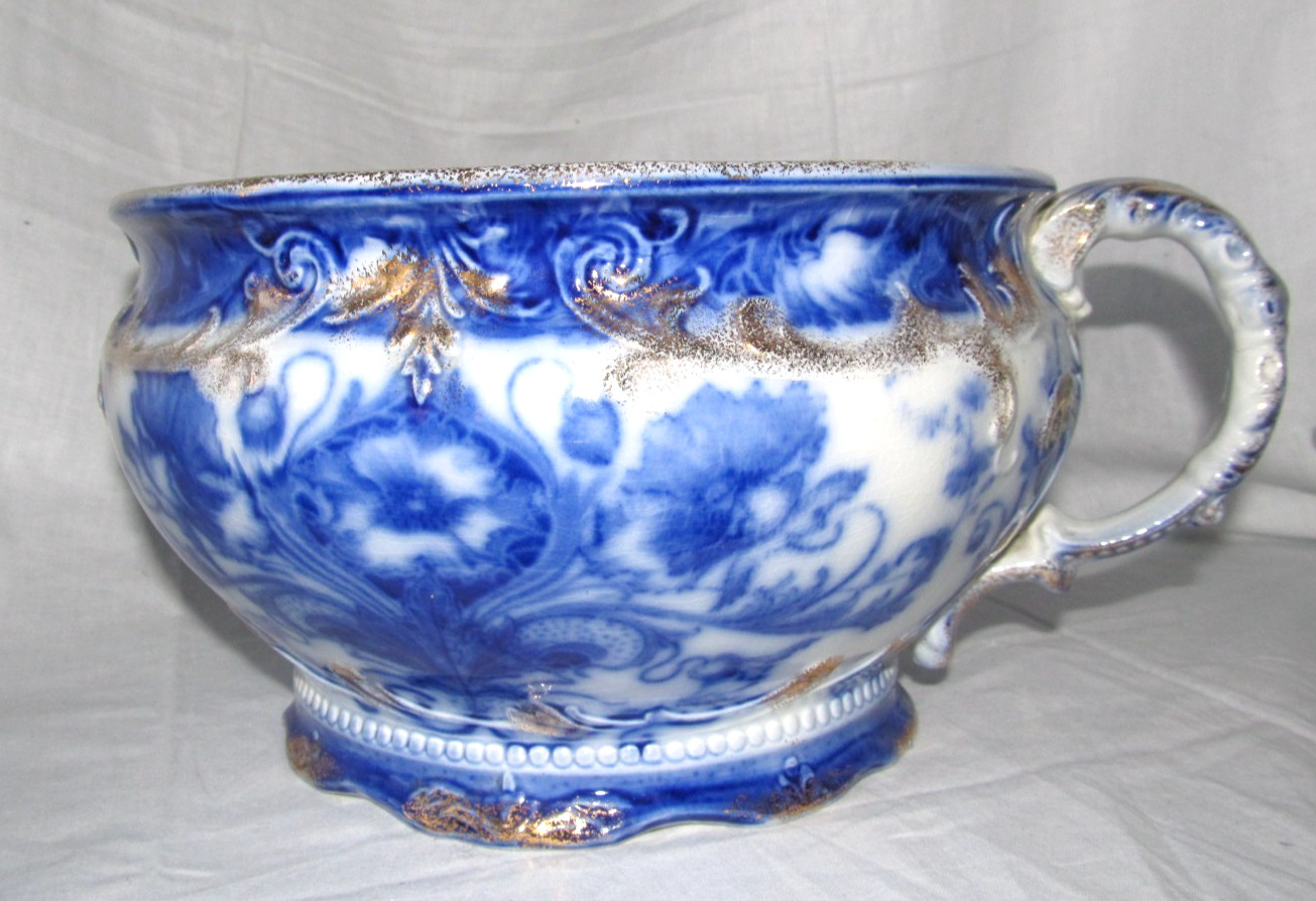 Victorian Flow Blue Chamber Pot Gold Gilt J&G Meakin “Moderna” Antique 1895-1915