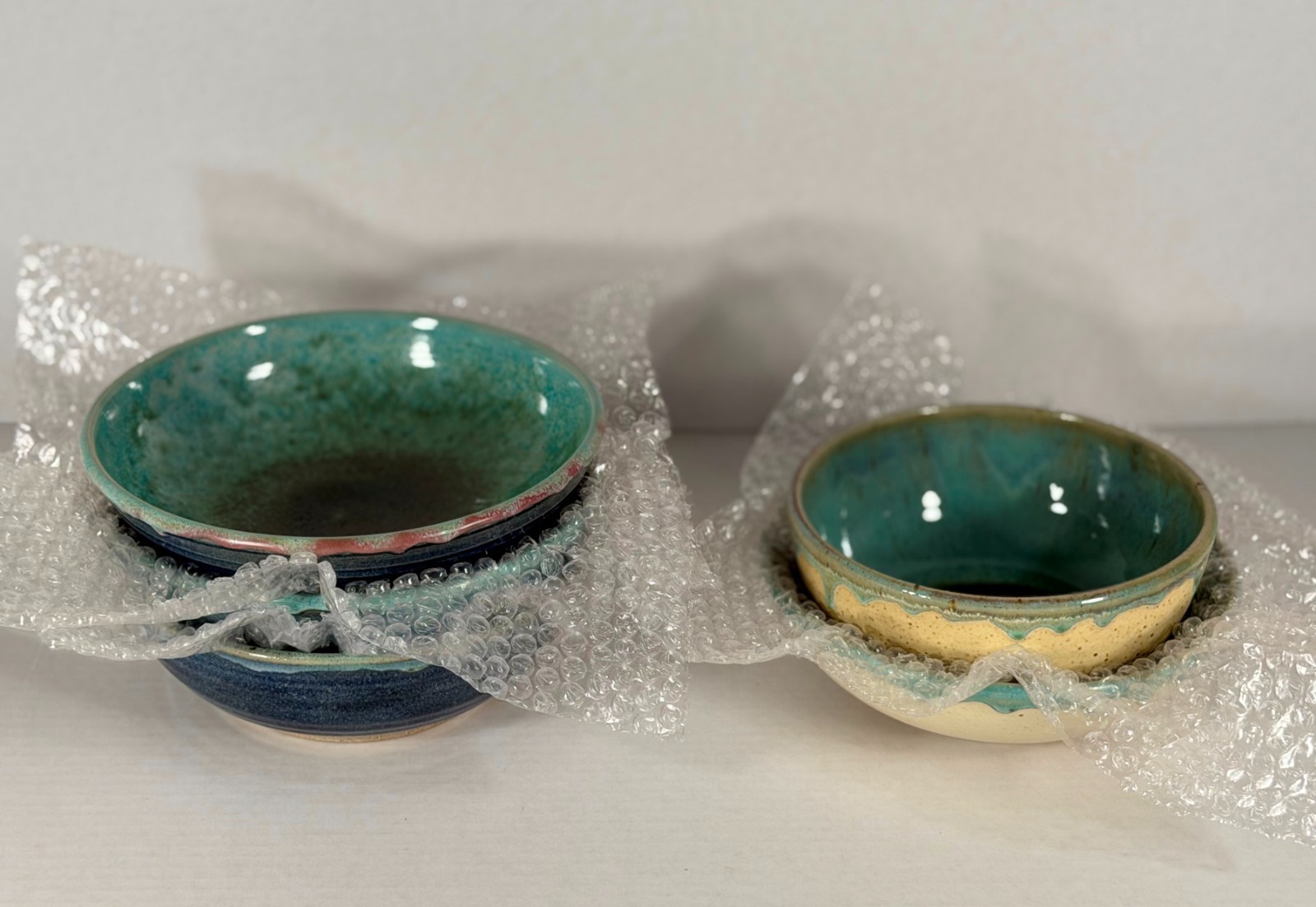 Set 5 Handmade Studio Pottery Bowls Signed D Blue Green Drip Glaze Stoneware