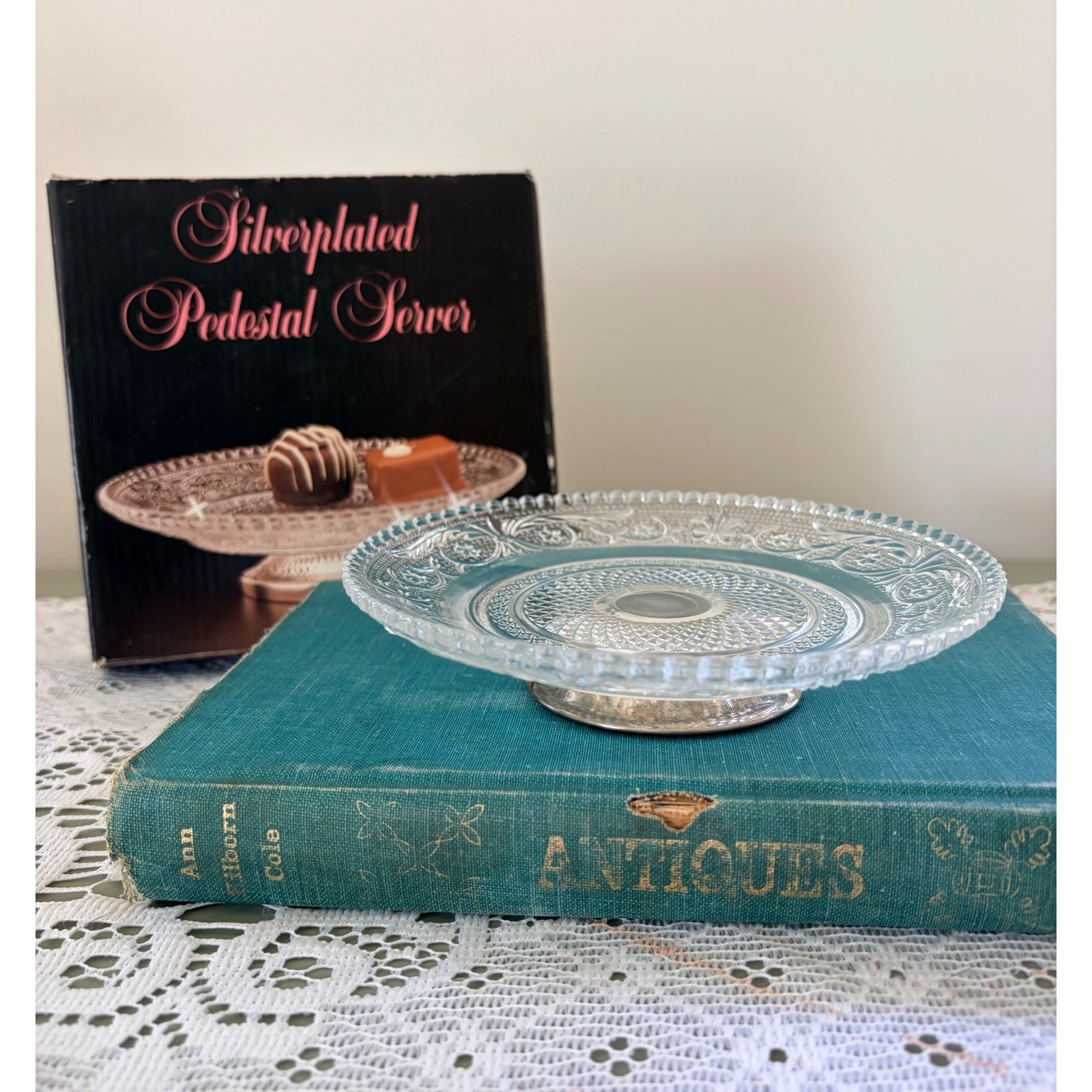 Vintage Silverplated Pedestal Server Pressed Glass Candy Dish AC 13922 Clear