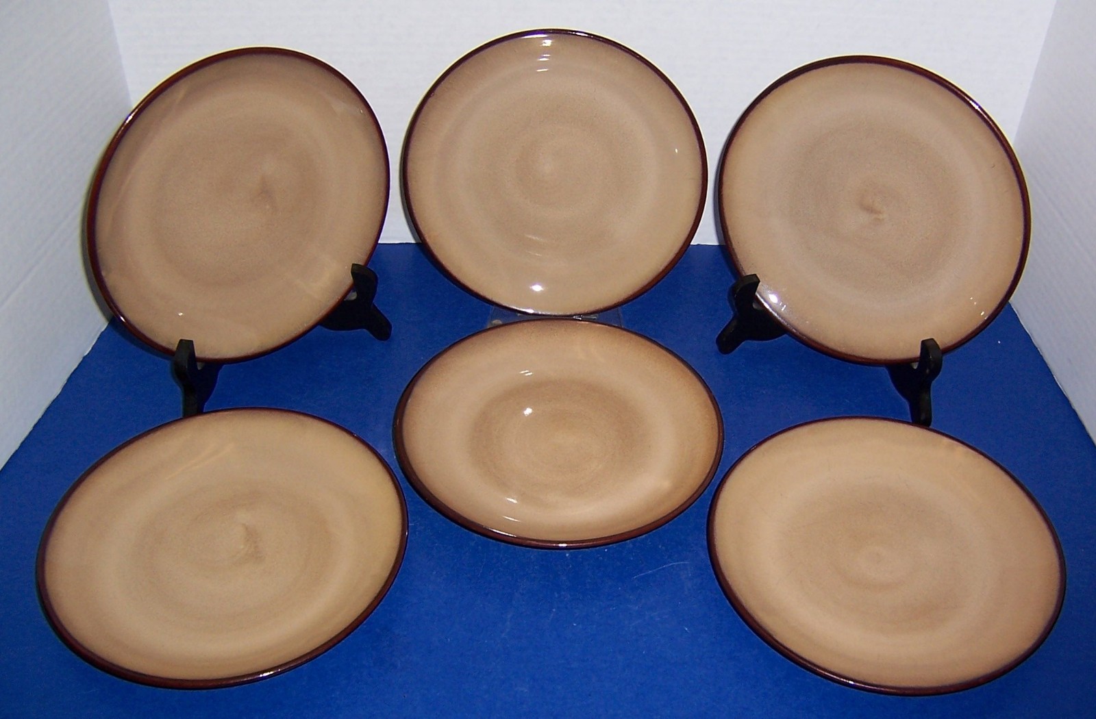 Sango Nova Brown 6 Salad Plates (7 7/8” ) Stoneware Tan with Brown Edge Good
