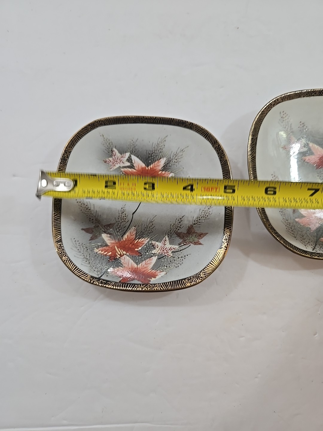 2 Vintage 5″ Square Plates w/ Wall Hangers Hand Painted Orange Leaves Gold Trim