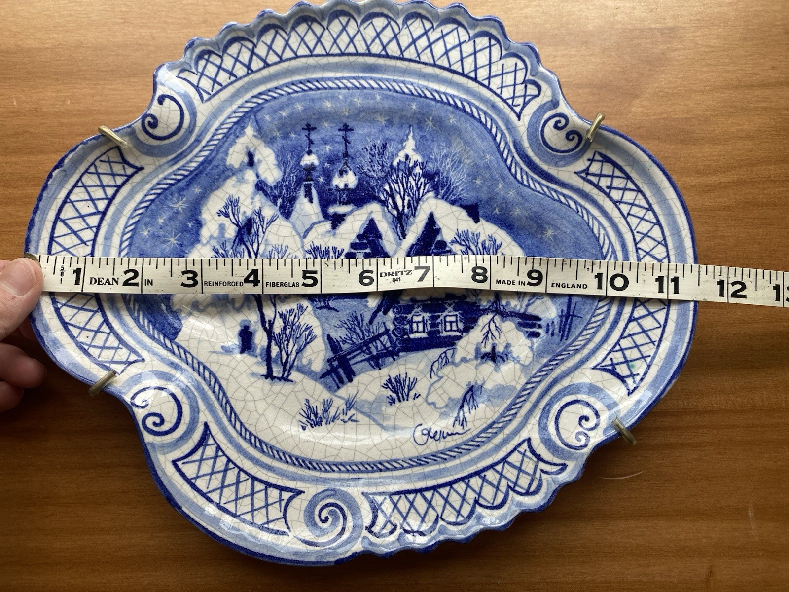 Vintage Blue & White Crackle Glaze Winter Village Decorative Wall Plate |