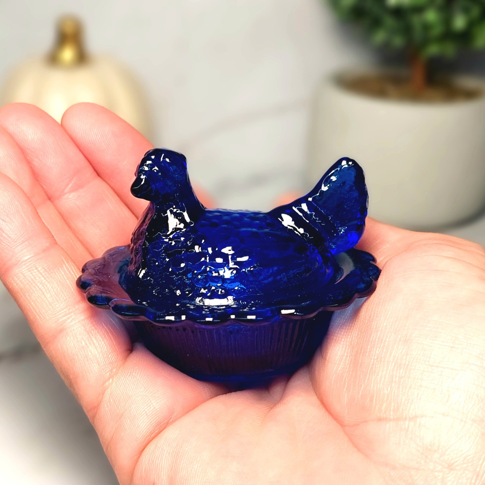 Mosser Cobalt Blue Glass Hen on Nest Salt Dish, Mini Chicken, Vintage Style