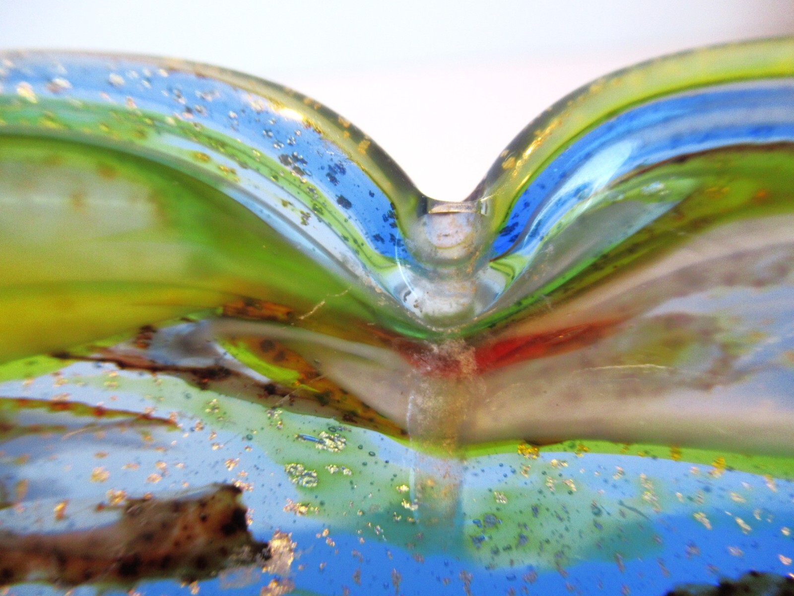 Multicolor Fused Art Glass Bowl Scalloped Edge Abstract Amoeba Design Blue Green