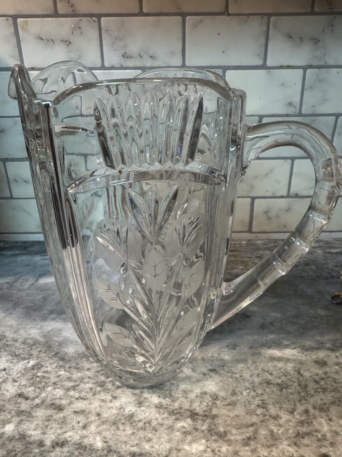 Vintage Crystal Glass Pitcher With Etched Flowers 9in Tall Thick Handle